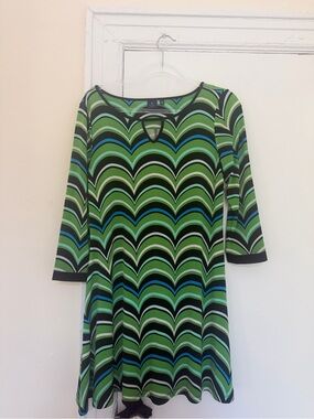 Vintage Green Blue Black Chevron-Pattern mid Sleeve Dress